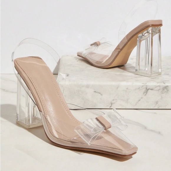 CLEAR NUDE HIGH HEEL BOW SANDAL - Picture 1 of 6